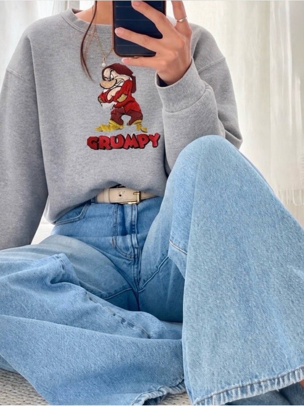 Vintage Disney Store GRUMPY Sweatshirt Gray Adult Medium Embroidered 90's Cotton